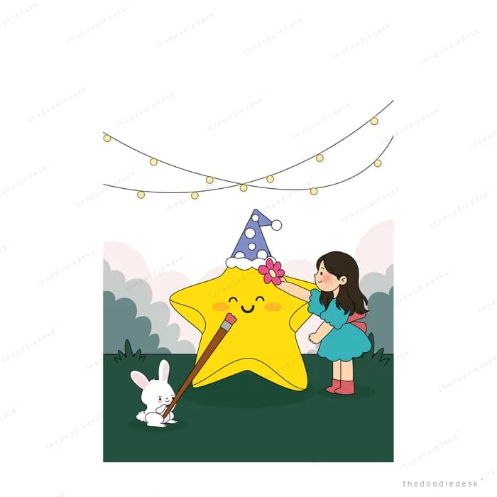 Girl beside a giant smiling yellow star in a party hat under string lights