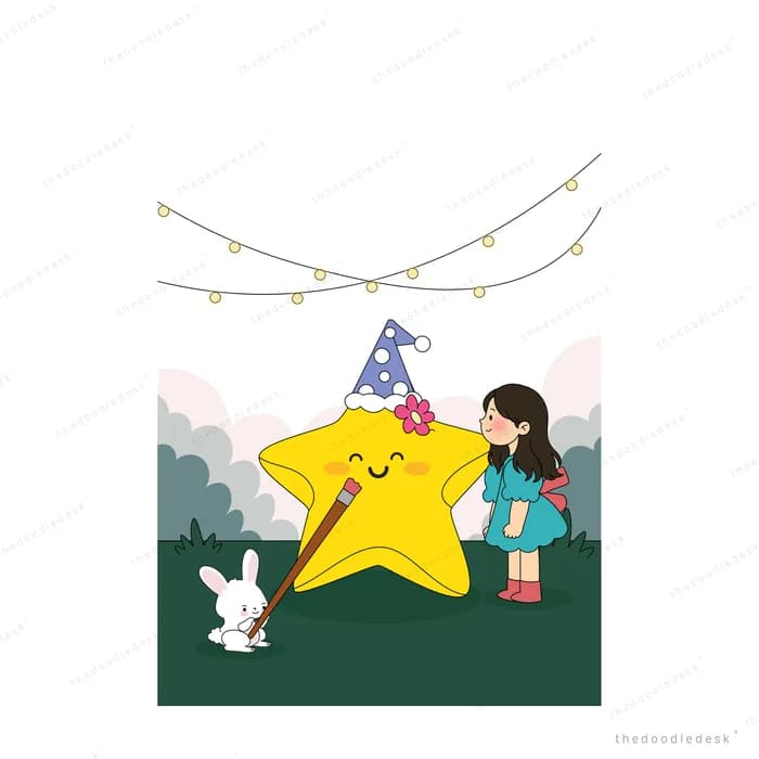 Girl decorating a big yellow star with flowers under hanging lights