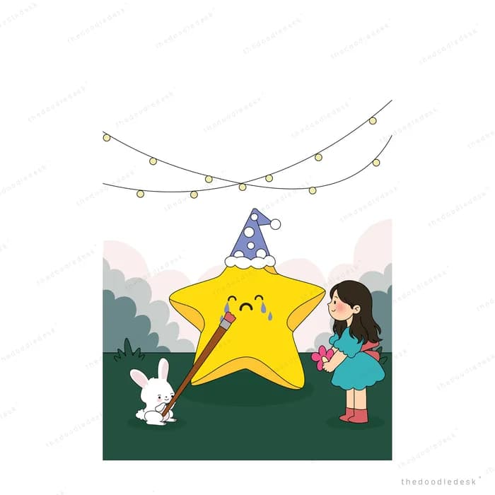 Girl offering a bunch of flowers to a smiling star in a party hat