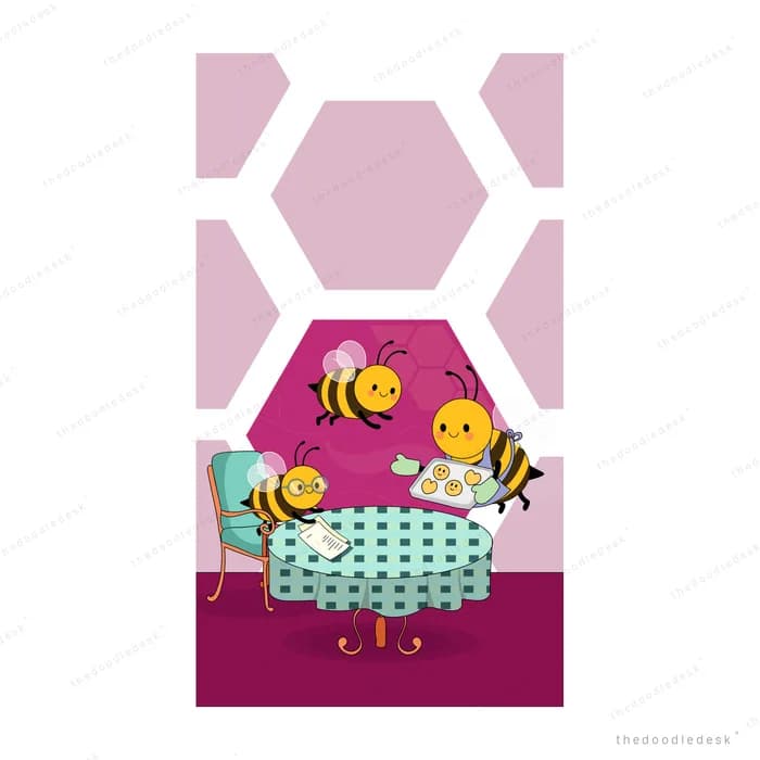 Bees hovering over smiling yellow flowers in a purple planter box