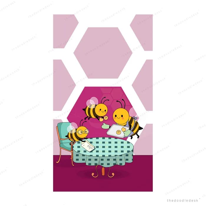 Several bees circling smiling flowers in a purple window planter