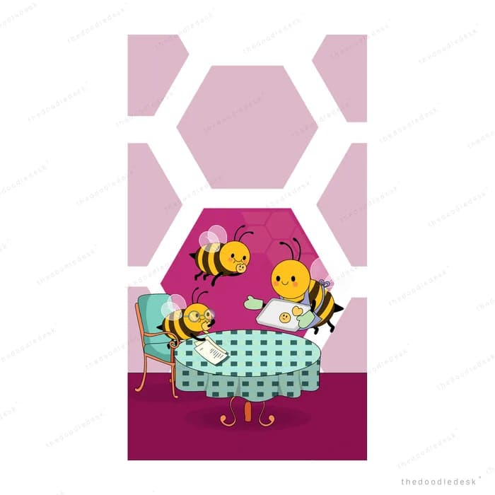 Bees hovering over smiling flowers in a magenta planter box