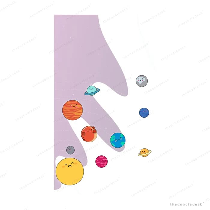 Large pale hand with small planets and marbles floating around the fingers
