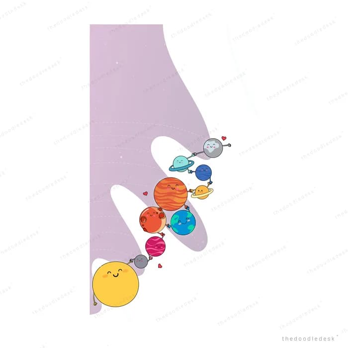 Pale hand with a tight cluster of coloured planets around it