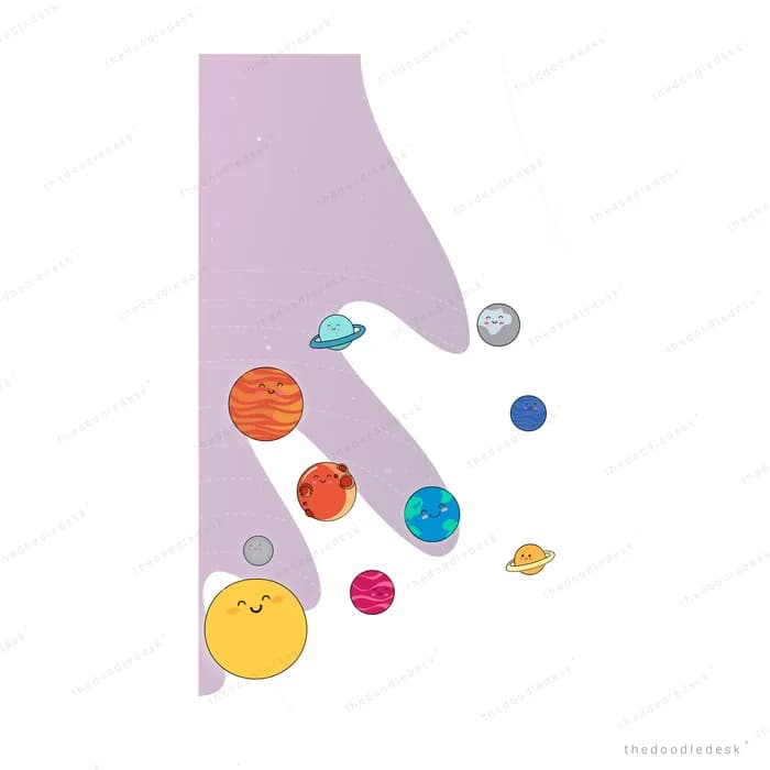 Hand with planets scattered widely across the space around it