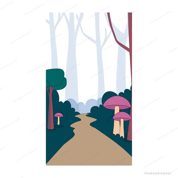 A pink umbrella left lying on an empty dark forest path