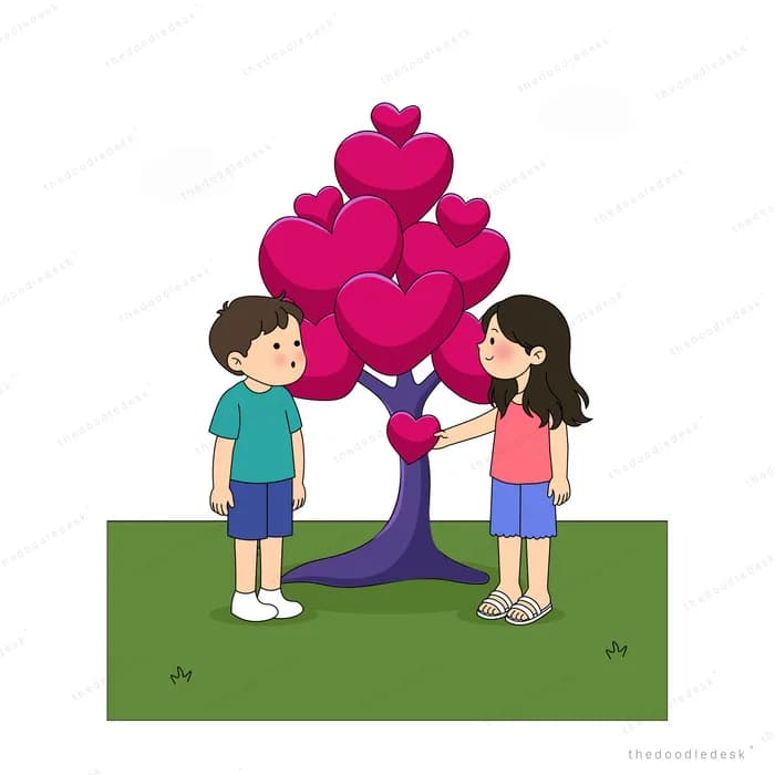 Boy and girl standing on either side of a pink heart shaped tree