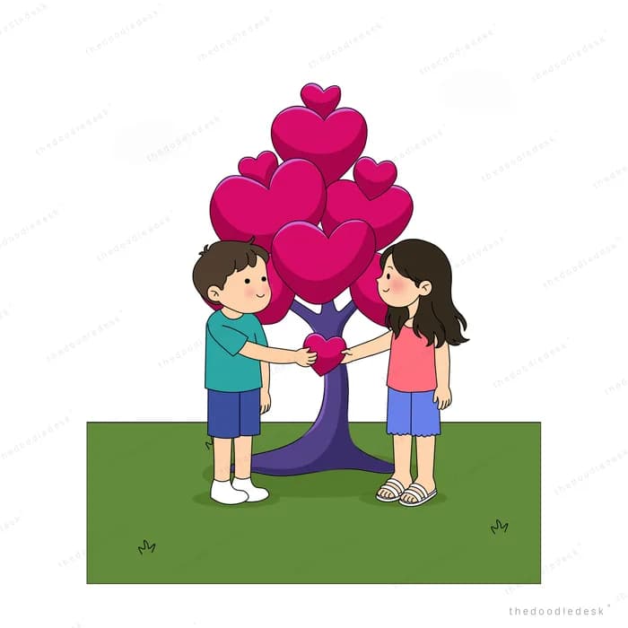 Boy holding a heart picked from a pink heart tree beside a girl