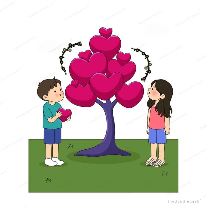 Children stringing a garland around a pink heart shaped tree