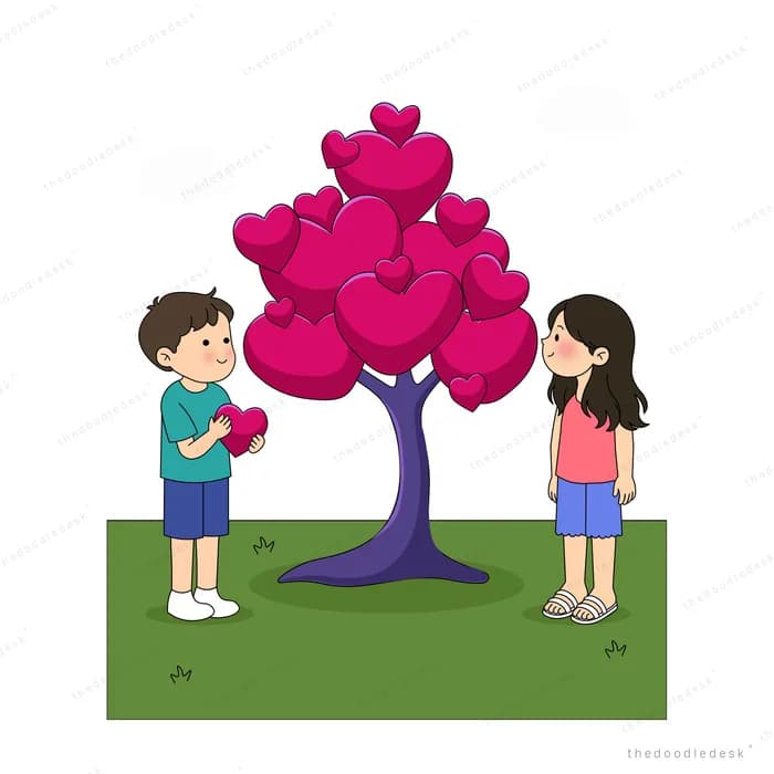 Boy offering a heart from the heart tree to a girl across the trunk