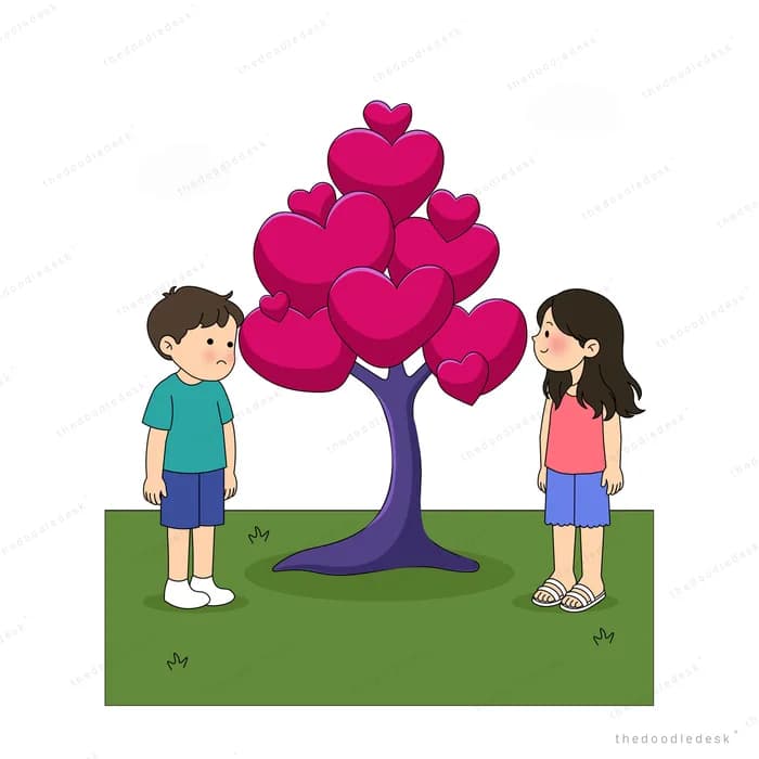 Boy and girl reaching up into a pink heart tree together