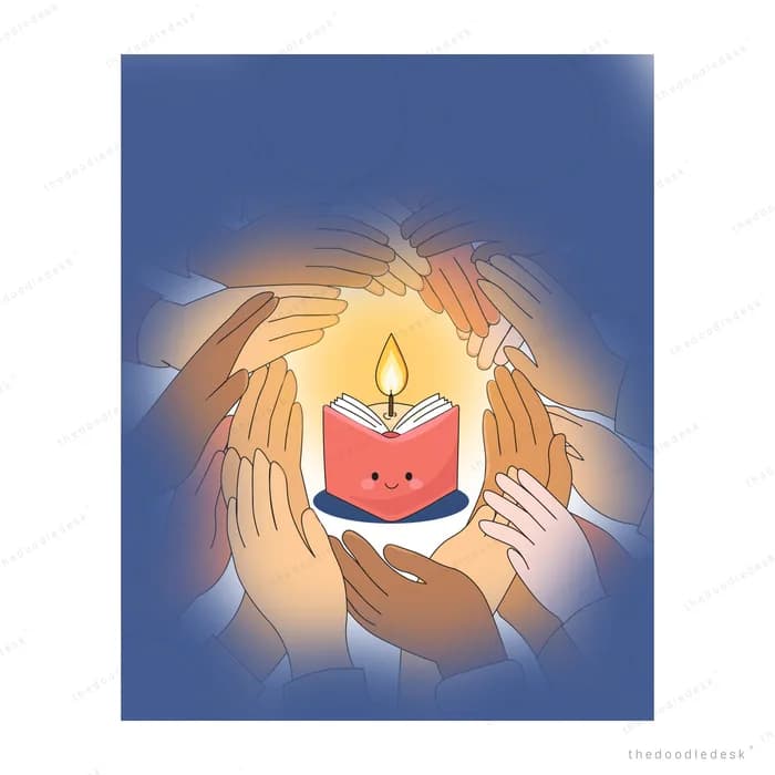 Cupped hands sheltering a smiling red candle on a deep blue background