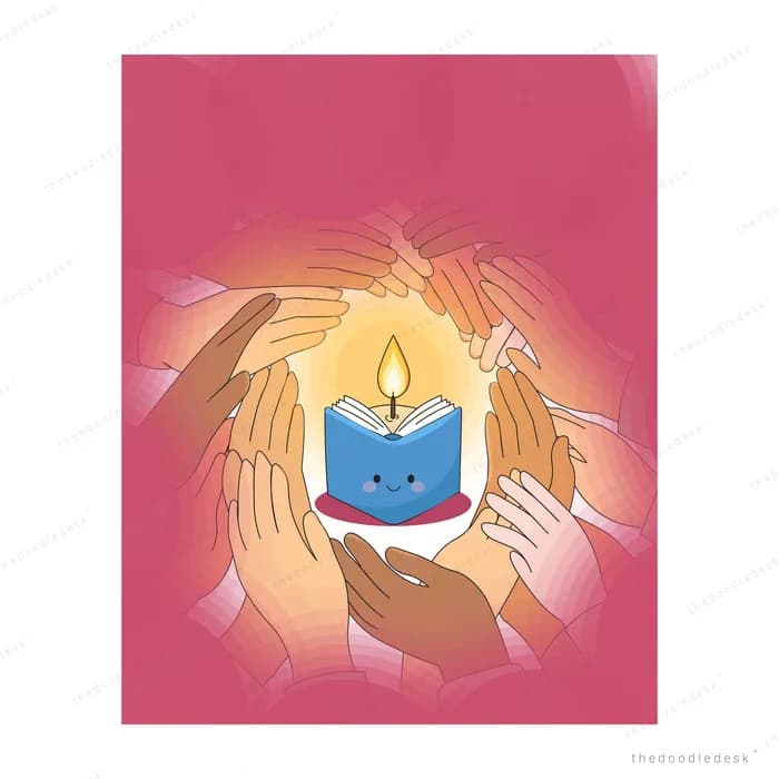 Cupped hands sheltering a smiling blue candle on a crimson background