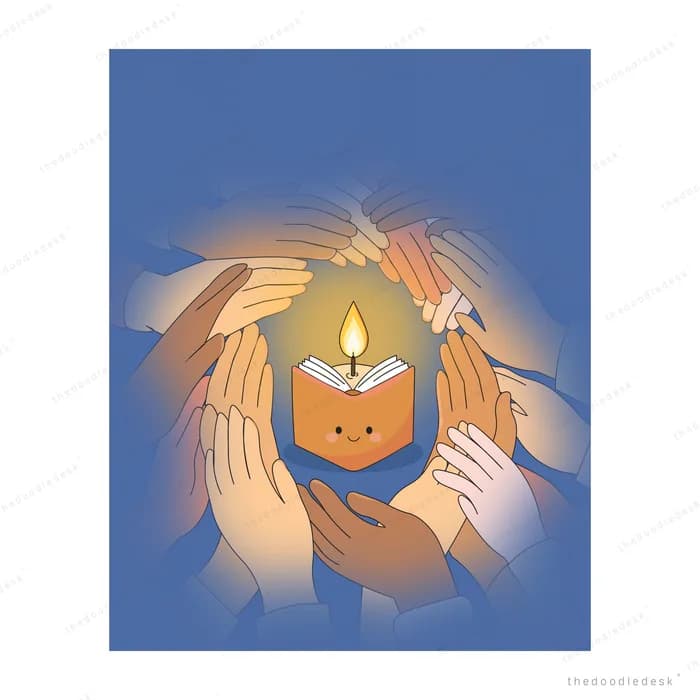 Cupped hands sheltering a smiling orange candle on a royal blue background