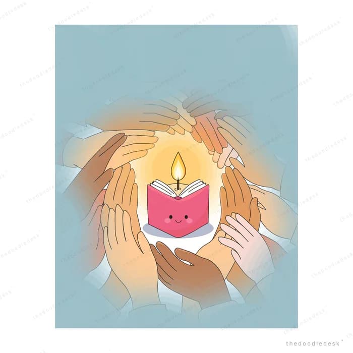 Cupped hands sheltering a smiling pink candle on a pale teal background