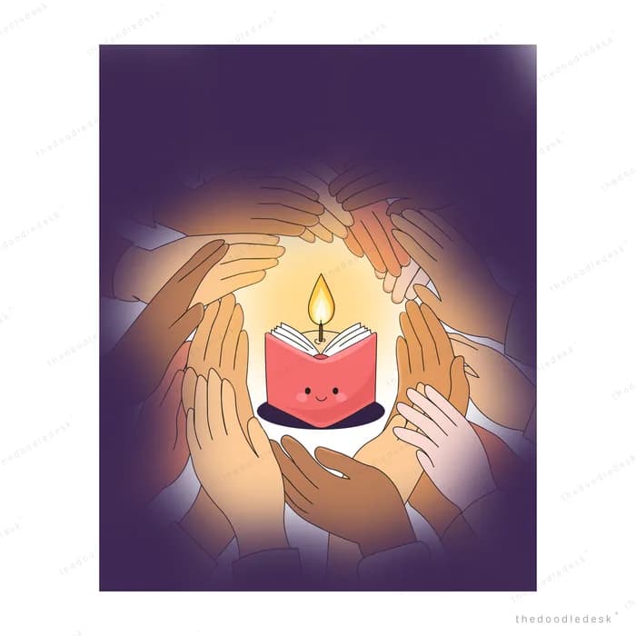 Cupped hands sheltering a smiling red candle on a dark purple background