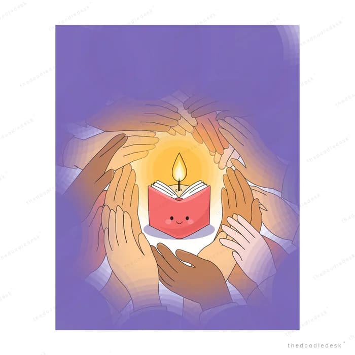 Cupped hands sheltering a smiling red candle on a violet background