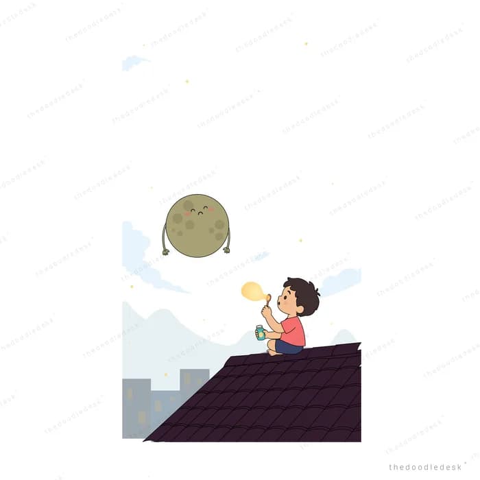 Girl sitting on a dark rooftop reaching up to a dull moon with a face and stick arms