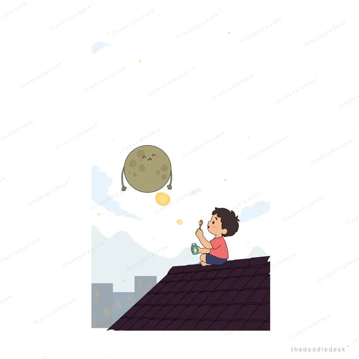 Girl on a rooftop coaxing a dim moon with a face down towards her