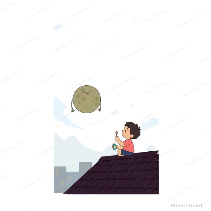 Girl sitting alone on a rooftop below a dull olive moon in the sky