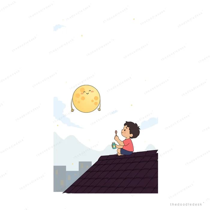 Girl sitting on a rooftop looking up at a bright yellow moon