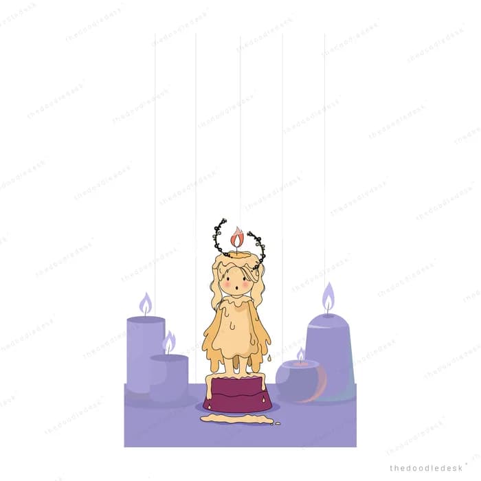 Startled girl with a candle flame burning on her head standing among tall lavender candles