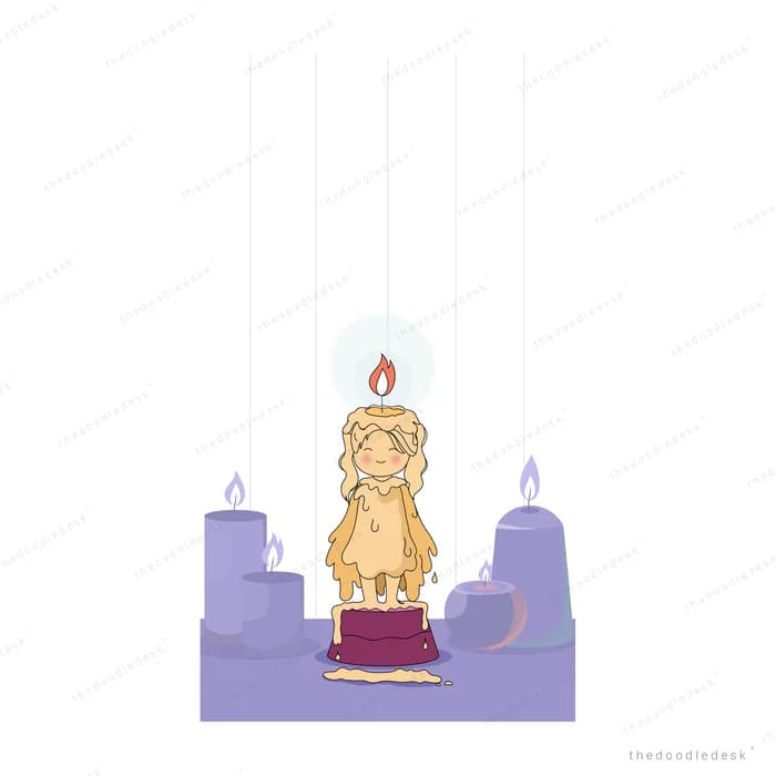 Serene girl with a flame on her head standing between two lit lavender candles