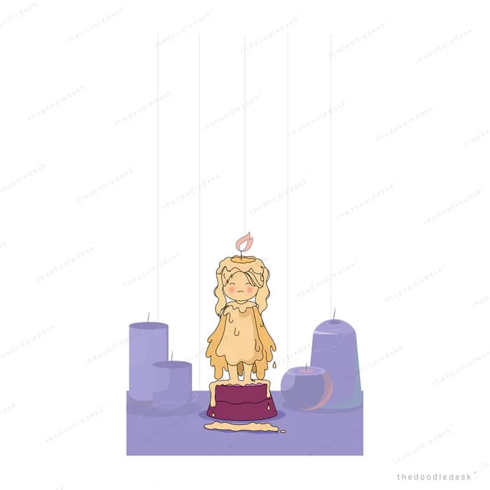 Girl with a small flame on her head spreading her arms among unlit lavender candles