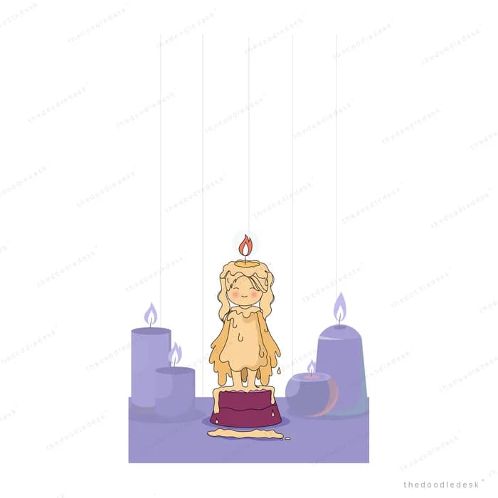 Girl with a flame on her head standing arms out between two lit lavender candles