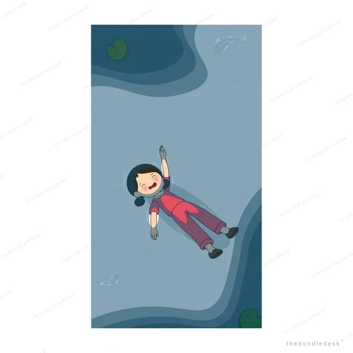 Girl in a red snowsuit lying back on a snowdrift under a green crescent moon