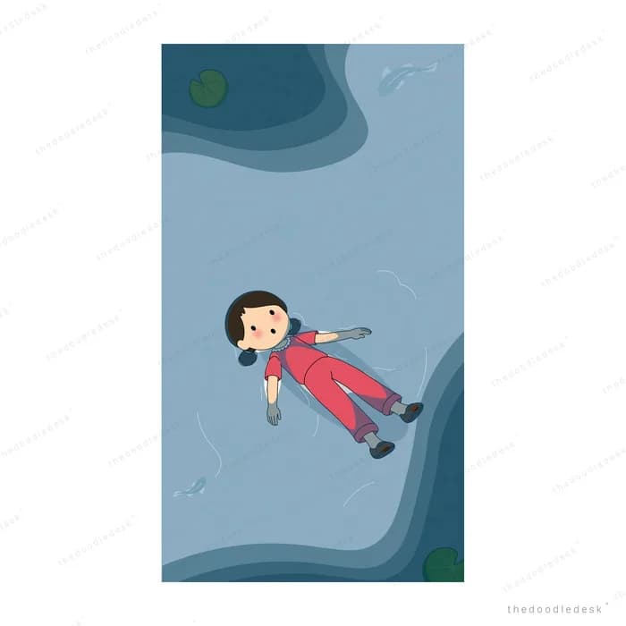Girl in a red snowsuit sprawled on blue snow with a green moon overhead