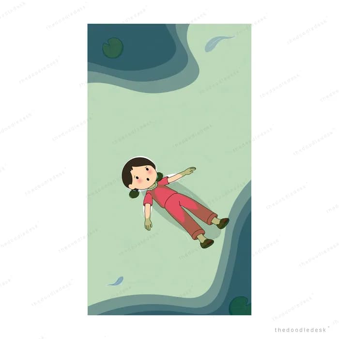 Girl in a red snowsuit lying on green-tinted snow under a green moon
