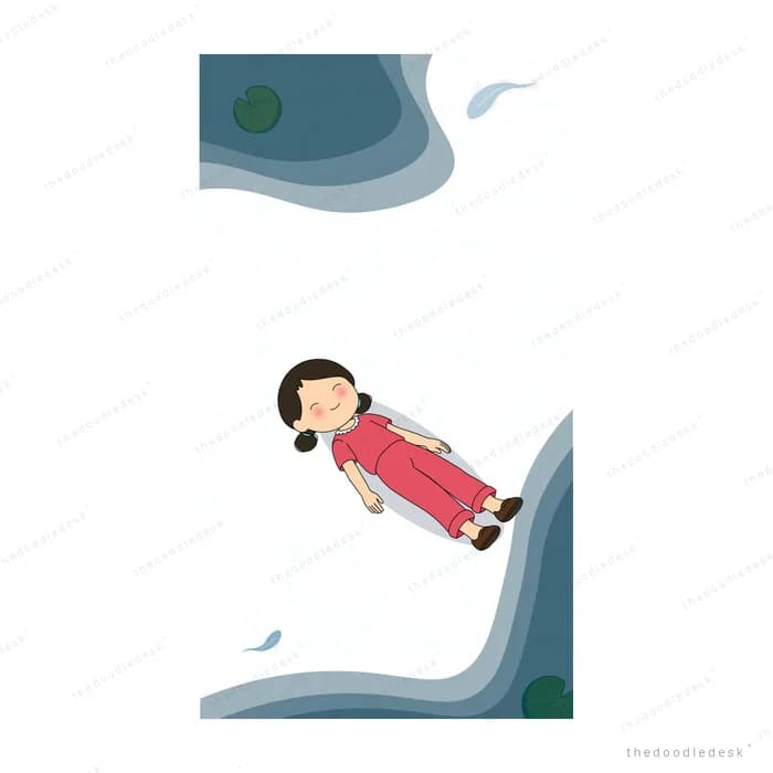 Girl resting on a snowdrift while a green moon glows in a dark patch of sky