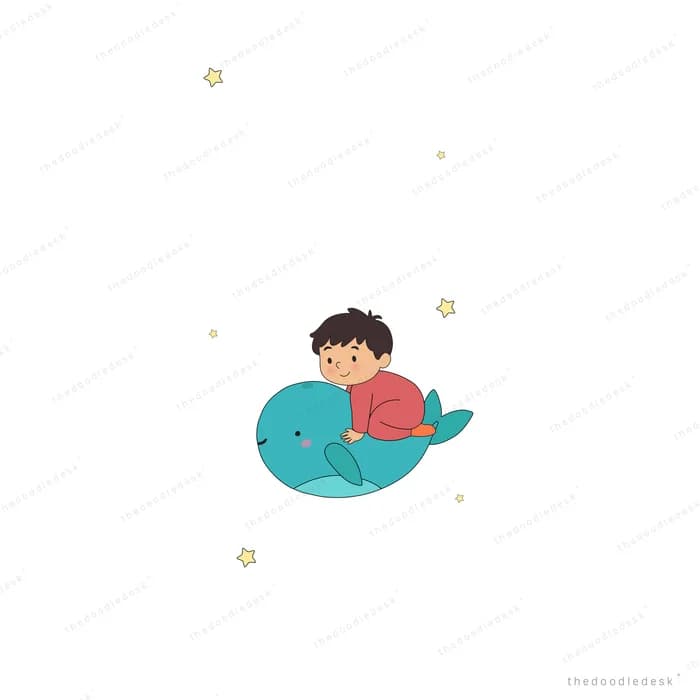Boy riding a flying blue whale through white clouds