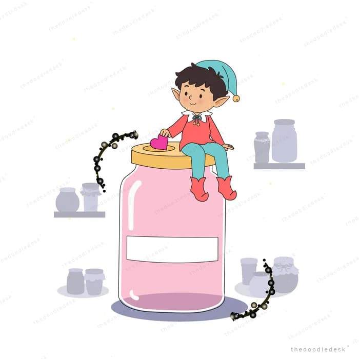 Elf in a long teal cap sitting on the lid of a giant pink jam jar as ants climb up