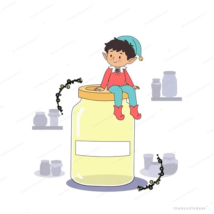 Elf in a long teal cap perched on a giant yellow jam jar with ants trailing up it