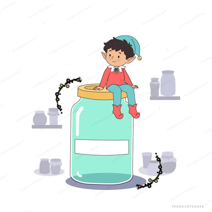Elf in a long teal cap sitting atop a giant mint green jam jar with ants marching up