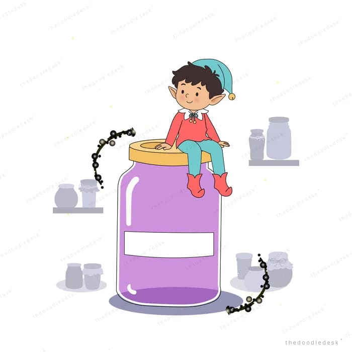 Elf in a long teal cap sitting on the lid of a giant purple jam jar as ants climb up
