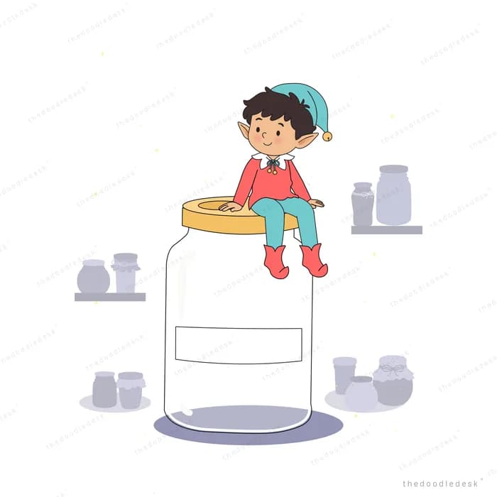 Elf perched on the rim of an empty glass jar in a pantry