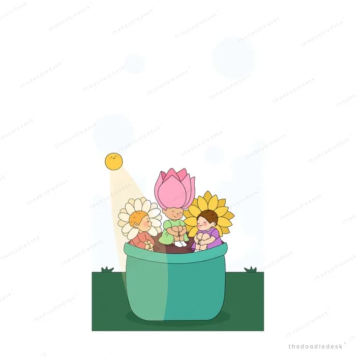 Teal pot planted with a pink tulip white daisy and yellow sunflower on grass under a small sun