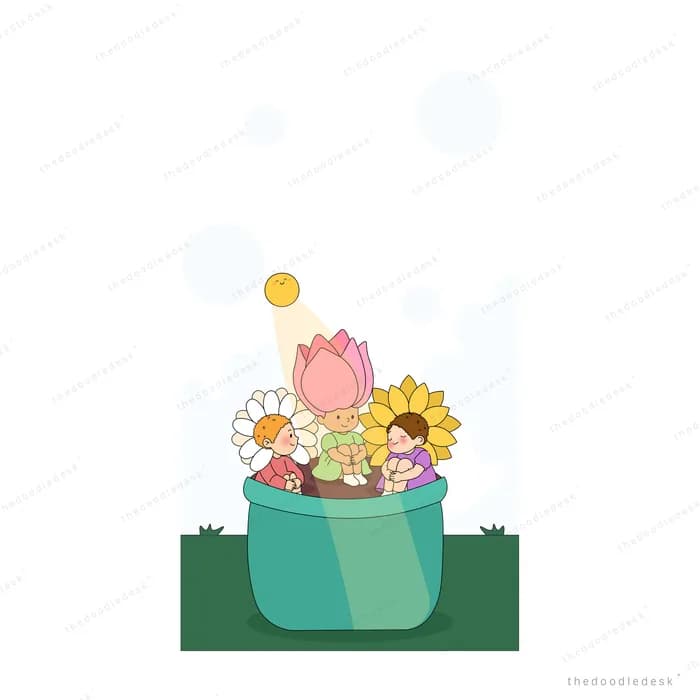 Potted tulip sunflower and daisy on grass with a small sun casting a beam