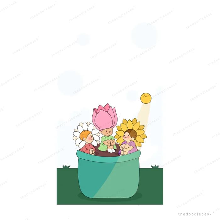 Teal flower pot of mixed blooms with a small sun shining from the right