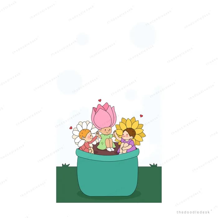 Teal pot of tulip sunflower and daisy sitting on a strip of grass