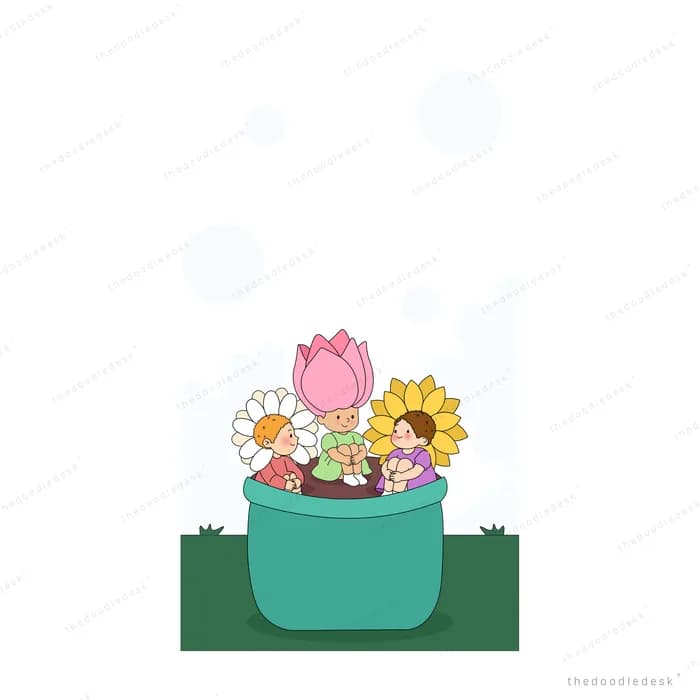 Tall pink tulip and yellow sunflower crowding a teal pot on the grass
