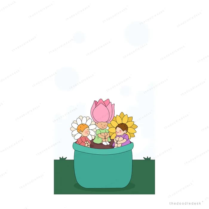 Potted flowers leaning toward a small sun at the upper right