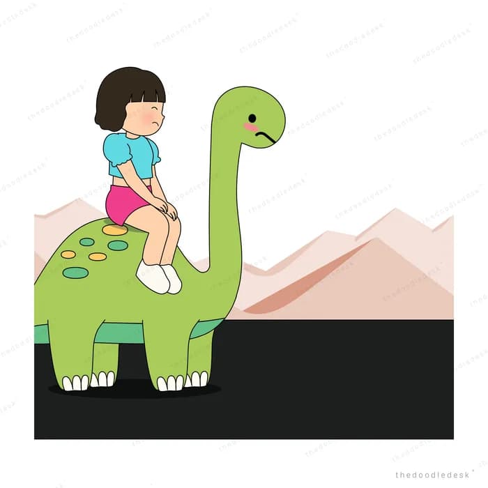 Girl riding on the back of a green dinosaur in front of pink mountains