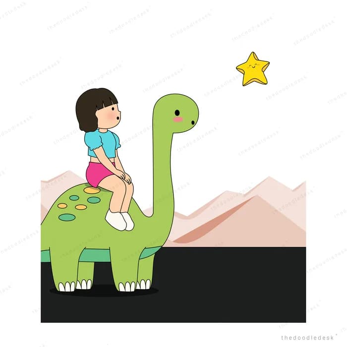 Girl on a green dinosaur reaching toward a yellow star above its head