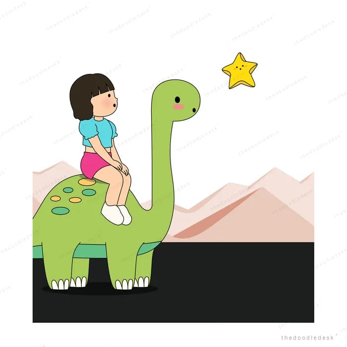 Girl sitting on a green dinosaur gazing at a yellow star in the sky