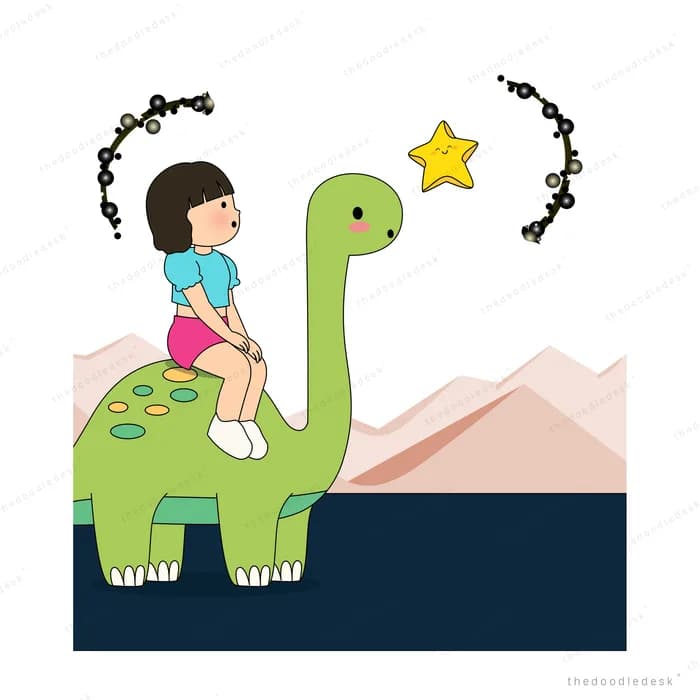 Girl on a dinosaur with dark scribbles swirling round her head beside a bright star