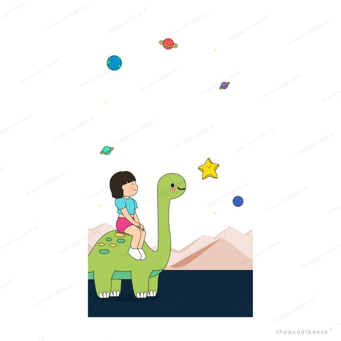 Small girl on a dinosaur surrounded by scattered coloured dots and a star